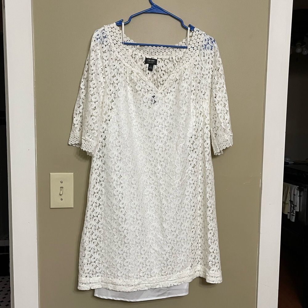 Nicole Miller Women’s White Long Sleeve Sheer Lace Slip Dress Size 12